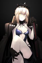 Rule 34 | 1girl, artoria pendragon (all), artoria pendragon (alter swimsuit rider) (third ascension) (fate), artoria pendragon (fate), black gloves, black jacket, blonde hair, breasts, closed mouth, collarbone, excalibur morgan (fate), fate/grand order, fate (series), gloves, halterneck, holding, holding sword, holding weapon, i-pan, jacket, jacket on shoulders, leg up, looking at viewer, pale skin, revealing clothes, saber alter, short shorts, shorts, small breasts, smile, solo, sword, tiara, weapon, yellow eyes