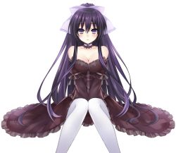 Rule 34 | 10s, 1girl, bare shoulders, black dress, blush, breasts, cleavage, date a live, dress, elbow gloves, extraction, gloves, hair ribbon, jewelry, long hair, looking at viewer, necklace, open mouth, pantyhose, purple eyes, purple hair, ribbon, sitting, solo, transparent background, tsunako, very long hair, yatogami tooka