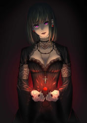 Rule 34 | 1girl, absurdres, bad id, bad pixiv id, black background, black dress, black hair, breasts, choker, cleavage, cross, cross necklace, d.gray-man, dress, earrings, goth fashion, gothic lolita, hair between eyes, hair down, head tilt, highres, jewelry, lenalee lee, lolita fashion, long hair, long sleeves, looking at viewer, medium breasts, nail polish, necklace, open mouth, purple eyes, red nails, shrug (clothing), sleeveless, sleeveless dress, solo, standing, straight hair, striped clothes, striped dress, wanwanlove, wide sleeves