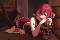 Rule 34 | 1girl, absurdres, alcohol, bare arms, bare shoulders, black thighhighs, blush, breasts, character name, cheese, cleavage, cup, drinking glass, drooling, drunk, elbow rest, feet, feet up, food, fork, fruit, full body, hair ribbon, half-closed eyes, heterochromia, highres, hololive, houshou marine, large breasts, liquor, long hair, looking at viewer, lying, non09 24, on stomach, plate, pleated skirt, red eyes, red hair, red ribbon, red skirt, ribbon, see-through, see-through cleavage, skirt, soles, solo, the pose, thighhighs, twintails, virtual youtuber, whiskey, yellow eyes, zettai ryouiki