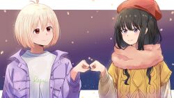 Rule 34 | 2girls, absurdres, beret, black hair, blonde hair, blush, bob cut, brown sweater, chai haru, closed mouth, commentary request, fist bump, hair between eyes, hat, highres, inoue takina, jacket, light particles, long hair, long sleeves, looking at another, lycoris recoil, multiple girls, nishikigi chisato, official alternate costume, one side up, open clothes, open jacket, partial commentary, pink scarf, puffy sleeves, purple background, purple eyes, purple jacket, red eyes, red headwear, scarf, short hair, sidelocks, smile, sweater, sweater vest, upper body, white sweater, winter clothes, yellow sweater vest, yuri
