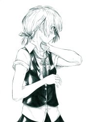 Rule 34 | 1girl, alternate hairstyle, blush, collarbone, embodiment of scarlet devil, female focus, flat chest, hair ribbon, highres, monochrome, neck, necktie, ponytail, profile, ribbon, rumia, short hair, simple background, sketch, solo, takeuma, touhou, upper body, vest