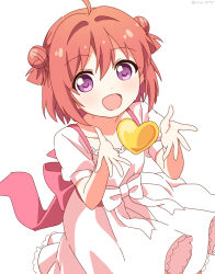 Rule 34 | 1girl, :d, ahoge, akaza akari, blush, bow, commentary, double bun, dress, frilled dress, frills, hair between eyes, hair bun, heart, highres, looking at viewer, nnn yryr, open mouth, pink bow, pink dress, puffy short sleeves, puffy sleeves, purple eyes, red hair, short hair, short sleeves, simple background, smile, solo, standing, symbol-only commentary, twitter username, white background, yuru yuri