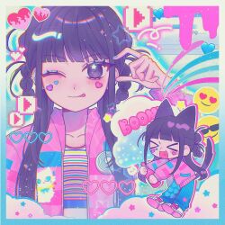Rule 34 | &gt; &lt;, 1girl, animal ears, animification, black hair, blue eyeshadow, blue pants, bottle, braid, cat ears, cat tail, chibi, chibi inset, chinese commentary, collarbone, emoji, eyeshadow, heart, highres, holding, holding bottle, jacket, k-pop, kemonomimi mode, kyujin (nmixx), leaning forward, long hair, makeup, nmixx, o bianyi didi shu o, pants, pink jacket, play button, real life, solo focus, tail, tongue, tongue out, twin braids, white footwear