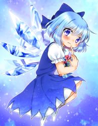 Rule 34 | 1girl, blue background, blue dress, blue eyes, blue hair, blush, cirno, dress, flower, frozen, gradient background, hair ornament, hair ribbon, ice, ice wings, looking at viewer, matching hair/eyes, namino., puffy sleeves, ribbon, short hair, short sleeves, socks, solo, tears, touhou, vest, white socks, wings
