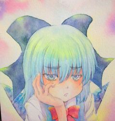 Rule 34 | 1girl, blue eyes, blue hair, bored, bow, cirno, hair bow, highres, ice, ice wings, matching hair/eyes, painting (medium), pout, solo, touhou, traditional media, watercolor (medium), wings, yuyu (00365676)