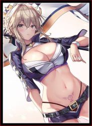 Rule 34 | 1girl, artoria pendragon (fate), artoria pendragon (lancer alter) (fate), banner, belt, belt buckle, black border, blonde hair, border, braid, breasts, buckle, cake rabbits, cleavage, commentary request, crop top, crown, dutch angle, fate/grand order, fate (series), french braid, gradient background, green eyes, highleg, highleg panties, large breasts, panties, pubic tattoo, short shorts, shorts, shrug (clothing), solo, tattoo, underwear, yellow eyes