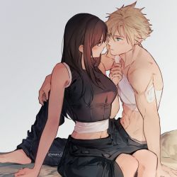 Rule 34 | 1boy, 1girl, apron, bandages, bandaid, bandaid on arm, bare arms, bare shoulders, barefoot, black hair, black shorts, blonde hair, blue eyes, blush, breasts, cloud strife, couple, crop top, final fantasy, final fantasy vii, final fantasy vii advent children, highres, large breasts, long hair, looking at another, maiii (smaii i), midriff peek, navel, red eyes, shirt, shorts, simple background, sitting, sleeveless, sleeveless shirt, spiked hair, square enix, tifa lockhart, topless male, twitter username, waist apron