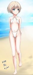 Rule 34 | 1girl, alternate costume, arms behind back, artist name, barefoot, beach, bikini, blue eyes, blurry, collarbone, dated, day, depth of field, flat chest, full body, h2 (h20000000), halterneck, highleg, highleg bikini, highleg swimsuit, highres, kantai collection, looking to the side, navel, outdoors, short hair, silver hair, solo, standing, swimsuit, thigh gap, white bikini, z1 leberecht maass (kancolle)