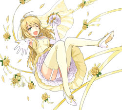 Rule 34 | 1girl, ahoge, bare shoulders, blonde hair, bouquet, bridal veil, bride, dress, flower, foreshortening, frills, full body, garter straps, gloves, green eyes, high heels, holding, holding bouquet, hoshii miki, idolmaster, idolmaster (classic), jewelry, lace, legs, long hair, long legs, necklace, one eye closed, open mouth, outstretched arm, panties, pantyshot, pearl necklace, simple background, smile, thighhighs, tsurui, underwear, upskirt, veil, wedding dress, white background, white panties, wink, yellow thighhighs, zettai ryouiki