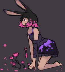 Rule 34 | 1girl, animal ears, assassin rabbit, barefoot, black background, black camisole, black hair, black skirt, camisole, closed mouth, earrings, expressionless, flower, full body, highres, jewelry, kneeling, knife, kunai, mino dev, multicolored hair, pink flower, pink hair, pink rose, planted, planted knife, planted weapon, profile, purple eyes, purple skirt, rabbit and steel, rabbit ears, rabbit girl, rose, short hair, simple background, skirt, solo, two-tone hair, two-tone skirt, weapon