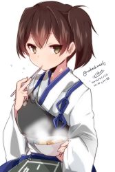 Rule 34 | 10s, 1girl, 2014, bowl, brown eyes, brown hair, chopsticks, dated, eating, food, highres, kaga (kancolle), kantai collection, looking at viewer, muneate, personification, short hair, side ponytail, signature, solo, steam, takeshima eku