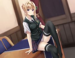 Rule 34 | 1girl, arm support, black necktie, black thighhighs, blonde hair, blue necktie, blurry, braid, braided bangs, braided bun, collared shirt, curtains, depth of field, desk, dress shirt, dutch angle, green vest, green waistcoat, hair bun, hair intakes, indoors, kantai collection, knee up, looking at viewer, miniskirt, necktie, no shoes, on desk, panties, pantyshot, perth (kancolle), plaid, plaid skirt, pleated skirt, purple eyes, school uniform, shirt, short hair, short hair with long locks, short sleeves, sitting, skirt, solo, thighhighs, thighs, underwear, vest, waistcoat, white panties, white shirt, window, yotsuya (gs)