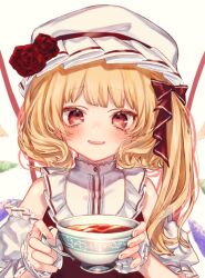 Rule 34 | 1girl, adapted costume, bare shoulders, blush, crystal, cup, detached sleeves, fingernails, flandre scarlet, flower, hat, hat flower, holding, holding cup, looking at viewer, medium hair, mob cap, mokokiyo (asaddr), one side up, red eyes, red flower, red rose, rose, simple background, smile, solo, tea, teeth, touhou, two-handed, upper body, upper teeth only, white background, wings