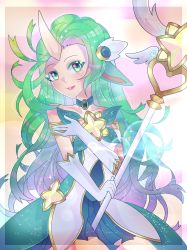 Rule 34 | choker, dress, gloves, green eyes, green hair, highres, horn, jewelry, league of legends, multicolored hair, necklace, soraka (league of legends), sparkle, staff, star guardian (league of legends), wand, wings