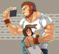 Rule 34 | 2boys, backpack, bad id, bad pixiv id, bag, beard, black hair, blush, book, casual, command spell, facial hair, fate/stay night, fate/zero, fate (series), green eyes, height difference, iskandar (fate), male focus, manly, multiple boys, ousder, outline, parted bangs, randoseru, red eyes, red hair, shirt, short hair, size difference, t-shirt, waver velvet