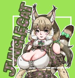 Rule 34 | 1girl, animal ears, bare shoulders, belt, breasts, camouflage, cat ears, cat girl, cat tail, elbow gloves, extra ears, gloves, green background, green eyes, grey hair, highres, jungle cat (kemono friends), kemono friends, kemono friends v project, large breasts, long hair, looking at viewer, microphone, ribbon, shirt, simple background, skirt, solo, tail, taku san39, twintails, upper body, virtual youtuber