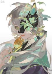 Rule 34 | 1girl, artist name, black jacket, black mask, black sailor collar, braid, broken mask, dandelion seed, dated, dew drop, food, fox mask, from side, glycan, green eyes, grey hair, holding, holding food, jacket, leaf, long hair, long sleeves, looking at viewer, mask, neckerchief, original, popsicle, sailor collar, shirt, solo, tongue, tongue out, very long hair, water drop, white shirt, yellow neckerchief