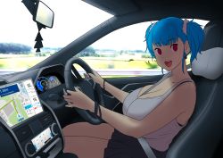 Rule 34 | 1girl, absurdres, between breasts, black skirt, blue hair, bracelet, breasts, car interior, cleavage, driving, earrings, erkaz, google maps, hair ornament, hair scrunchie, highres, huge breasts, jewelry, open mouth, original, pleated skirt, plump, red eyes, rina atherina, scrunchie, seatbelt, short twintails, sitting, skirt, smile, solo, tank top, twintails, white scrunchie, white tank top, wristband