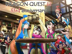 Rule 34 | 6+girls, :d, alcohol, animal ears, beer, beer mug, black eyes, blush, bodysuit, cape, circlet, closed eyes, cup, dragon quest, dragon quest iii, drunk, fighter (dq3), green eyes, hat, helmet, jester (dq3), mage (dq3), merchant (dq3), mug, multiple girls, open mouth, pekuchin (pekuchin 3), priest (dq3), rabbit ears, rabbit tail, roto (dq3), sage (dq3), smile, soldier (dq3), stairs, table, tail, tavern, thief (dq3), tongue, tongue out, wizard hat