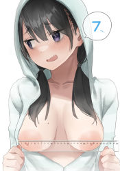 1girl aumann black_hair blush breasts breasts_out highres inverted_nipples large_areolae long_hair medium_breasts mole mole_on_breast mole_under_eye open_mouth purple_eyes ruler simple_background solo upper_body white_background