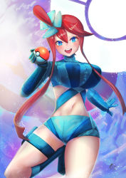 Rule 34 | 1girl, :d, blue eyes, blue footwear, blue gloves, blue jacket, blue shorts, blush, boots, breasts, covered erect nipples, cowboy shot, creatures (company), crop top, cropped jacket, dated, elbow gloves, game freak, gloves, groin, gym leader, hair between eyes, hair ornament, highres, holding, holding poke ball, holster, jacket, knee boots, large breasts, long hair, looking at viewer, midriff, nandarobium, navel, nintendo, one side up, open mouth, poke ball, poke ball (basic), poke ball symbol, pokemon, pokemon bw, pouch, purple background, red hair, short shorts, shorts, sidelocks, signature, skyla (pokemon), smile, solo, standing, standing on one leg, swept bangs, teeth, thigh holster, thigh pouch, thigh strap, upper teeth only