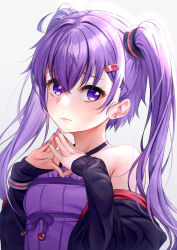 Rule 34 | alternate hairstyle, bare shoulders, black jacket, blush, breasts, commentary request, dress, embarrassed, frown, hair ornament, hairclip, highres, jacket, long hair, long sleeves, looking at viewer, nail polish, nervous, off shoulder, open clothes, open jacket, purple dress, purple eyes, purple hair, purple nails, small breasts, strapless, strapless dress, tenneko yuuri, tube dress, twintails, upper body, vocaloid, voiceroid, yuzuki yukari