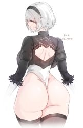 Rule 34 | 2021, ass, backless outfit, black blindfold, black hairband, black thighhighs, blindfold, breasts, gloves, hairband, large breasts, leotard, nier (series), nier:automata, simple background, skindentation, solo, thick thighs, thighhighs, thighs, white background, white leotard, wide hips, xiangzi box, 2b (nier:automata)