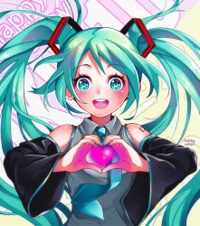 Rule 34 | 1girl, artist name, bare shoulders, blue hair, blue nails, blue necktie, blush, breasts, commentary, detached sleeves, eyelashes, fingernails, floating hair, grey shirt, happy, happy birthday, hatsune miku, heart, heart hands, heart on chest, long hair, looking at viewer, nail polish, necktie, open mouth, round teeth, shirt, simple background, sleeveless, sleeveless shirt, small breasts, smile, solo, striped, striped background, tabby chan, teeth, twintails, upper body, upper teeth only, very long hair, vocaloid, white background