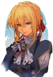 Rule 34 | 1girl, ascot, blonde hair, blue background, blue eyes, border, braid, brooch, crown braid, female focus, french braid, hair between eyes, hand on own chest, hungry clicker, jewelry, lips, looking at viewer, mechanical hands, outside border, red ribbon, ribbon, solo, upper body, violet evergarden, violet evergarden (series), white border