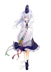 Rule 34 | 1girl, bad id, bad pixiv id, blue eyes, eyes visible through hair, frills, hands in opposite sleeves, hat, long hair, matsuyama nozomu, mononobe no futo, one eye closed, ribbon, silver hair, simple background, skirt, smile, solo, tate eboshi, touhou, white background, wide sleeves, wink
