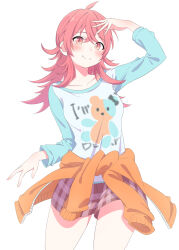 Rule 34 | 1girl, ahoge, animal print, bear print, blue shirt, blush, breasts, closed mouth, clothes around waist, collarbone, eitopondo, hair between eyes, hand up, highres, idolmaster, idolmaster shiny colors, komiya kaho, long hair, long sleeves, looking at viewer, orange sweater, plaid, plaid shorts, print shirt, purple shorts, red eyes, red hair, shirt, shorts, simple background, small breasts, smile, solo, standing, sweater, white background