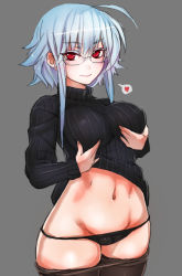 Rule 34 | 1girl, ahoge, black panties, black pantyhose, blue eyes, blue hair, breasts, clothes lift, clothes pull, fuurin rei, glasses, grabbing, grabbing another&#039;s breast, grey background, groin, heart, highres, large breasts, lowleg, lowleg panties, matching hair/eyes, navel, original, panties, pantyhose, pantyhose pull, red eyes, ribbed sweater, rimless eyewear, shirt lift, short hair, simple background, smile, solo, spoken heart, sweater, sweater lift, taishi (picchiridou), underwear