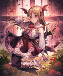 Rule 34 | 1girl, :o, artist request, brown hair, cygames, earrings, flower, frilled skirt, frills, hand on own face, head wings, high heels, jewelry, long hair, looking at viewer, official art, pointy ears, red eyes, rose, shadowverse, shingeki no bahamut, skirt, solo, thorns, vampire, vampy, wings