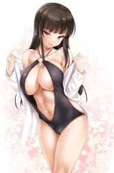 Rule 34 | 10s, 1girl, :o, bare shoulders, black hair, blunt bangs, blush, breasts, brown eyes, casual one-piece swimsuit, cle masahiro, cleavage, collarbone, embarrassed, floral background, girls und panzer, highres, jacket, jacket over swimsuit, large breasts, long hair, long sleeves, mature female, navel, nishizumi shiho, o-ring, o-ring swimsuit, off shoulder, one-piece swimsuit, sidelocks, skindentation, solo, sweat, sweatdrop, swimsuit, undressing
