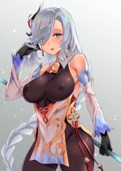 Rule 34 | absurdres, bare shoulders, bell, black gloves, black legwear, blue eyes, blush, braid, breasts, chinese knot, cosplay, covered erect nipples, detached sleeves, earrings, flower knot, ganyu (genshin impact), ganyu (genshin impact) (cosplay), genshin impact, gloves, gold trim, hair over one eye, highres, jewelry, large breasts, lasts, looking at viewer, low-braided long hair, low-tied long hair, neck bell, parted lips, pelvic curtain, polearm, red rope, rope, shenhe (genshin impact), smile, solo, standing, tassel, tassel earrings, thighlet, vision (genshin impact), weapon, white hair, white sleeves