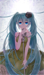 Rule 34 | 1girl, aqua eyes, aqua hair, bad id, bad pixiv id, bare shoulders, blue eyes, cleavage cutout, clothing cutout, dress, flower, frilled dress, frills, green dress, hair flower, hair ornament, hatsune miku, highres, kochira koufuku anshin iinkai desu (vocaloid), long hair, maru (sw1tch), microphone, microphone stand, nail polish, solo, this is the happiness and peace of mind committee (vocaloid), twintails, very long hair, vintage microphone, vocaloid