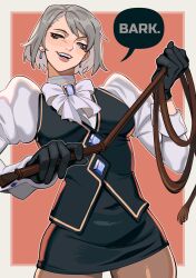 Rule 34 | 1girl, absurdres, ace attorney, black gloves, black skirt, black vest, bow, bowtie, earrings, franziska von karma, gloves, grey eyes, grey hair, highres, holding, holding whip, jewelry, looking at viewer, looking down, miniskirt, open mouth, pantyhose, porqueloin, puffy sleeves, shirt, simple background, skirt, solo, speech bubble, teeth, vest, whip, white bow, white bowtie, white shirt