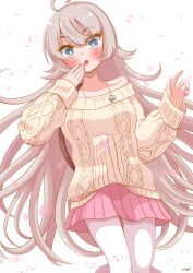 Rule 34 | 1girl, :o, absurdres, ahoge, blue eyes, blush, breasts, grey hair, highres, jewelry, kantai collection, long hair, long sleeves, medium breasts, necklace, official alternate costume, one-hour drawing challenge, open mouth, pantyhose, petals, pink skirt, pirikara spicy tapioca, pleated skirt, signature, simple background, skirt, solo, star (symbol), star necklace, sweater, very long hair, washington (kancolle), white background, white pantyhose