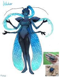 Rule 34 | 1girl, absurdres, antennae, armor, arthropod girl, blue sclera, blue skin, breasts, colored sclera, colored skin, extra arms, fewer digits, hands up, highres, hydrokinesis, large breasts, leotard, liquid hair, looking at viewer, matilda fiship, monster girl, navel, original, outstretched arms, parted lips, pauldrons, ponytail, shoulder armor, simple background, solo, spread arms, standing, water, white background