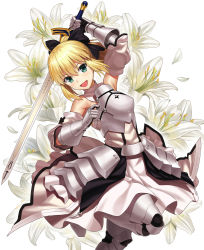 Rule 34 | &gt;:d, 1girl, :d, ahoge, arm up, armor, armored dress, artoria pendragon (fate), bare shoulders, black bow, blonde hair, blush, bow, dress, fate/grand order, fate/stay night, fate/unlimited codes, fate (series), floral background, flower, gauntlets, green eyes, hair bow, holding, holding sword, holding weapon, leg up, lily (flower), looking at viewer, npcpepper, open mouth, ponytail, saber (fate), saber lily, smile, solo, sword, v-shaped eyebrows, weapon, white background