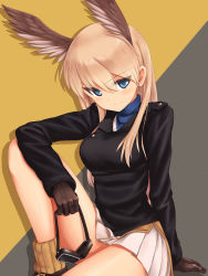 Rule 34 | 1girl, a9b (louis814), arm support, blonde hair, blue eyes, eyes visible through hair, goggles, hair between eyes, hanna-justina marseille, head wings, highres, long hair, looking at viewer, military, military uniform, miniskirt, pleated skirt, simple background, sitting, skirt, smile, solo, strike witches, uniform, wings, world witches series