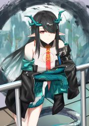 Rule 34 | 1girl, absurdres, arknights, bare shoulders, black hair, black jacket, calvaires, commentary request, cowboy shot, dusk (arknights), hair over one eye, highres, horns, jacket, long hair, long sleeves, necktie, off shoulder, open clothes, open jacket, red eyes, red necktie, solo, standing, thighs