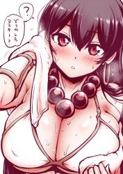 Rule 34 | 1girl, bead necklace, beads, bikini, bikini top only, blush, breasts, brown hair, cleavage, earrings, covered erect nipples, fate/grand order, fate (series), hair between eyes, highres, hoop earrings, jewelry, kanno takanori, large breasts, long hair, looking at viewer, necklace, parted lips, prayer beads, red eyes, solo, sweat, swimsuit, towel, translated, underboob, upper body, white bikini, xuangzang sanzang (fate)