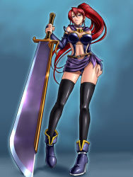 Rule 34 | 1girl, ankle boots, asymmetrical bangs, belt, black thighhighs, blue background, boots, breasts, bridal gauntlets, capelet, choker, cleavage, clothing cutout, earrings, fantasy, foreshortening, from below, full body, grin, hair between eyes, hand on thigh, high heels, high ponytail, holding, huge weapon, jewelry, kagami hirotaka, large breasts, leotard, lipstick, long hair, looking at viewer, makeup, midriff, navel, navel cutout, outline, ponytail, purple eyes, red hair, sarong, shiny clothes, side cutout, smile, solo, spandex, standing, studded belt, sword, thighhighs, tiptoes, very long hair, weapon