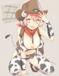 Rule 34 | 1girl, 2021, animal ears, animal print, arm warmers, bandana, belt, bikini, bikini top only, blue shorts, blush, breasts, brown belt, brown vest, chaps, chinese zodiac, cleavage, commentary request, cow ears, cow horns, cow print, cowboy hat, cowboy western, fringe trim, full body, grey background, hair between eyes, hat, horns, large breasts, looking at viewer, miyan (shamigame), open clothes, open mouth, open vest, original, pink hair, red bandana, short hair, short shorts, shorts, smile, solo, squatting, swimsuit, vest, year of the ox, yellow eyes