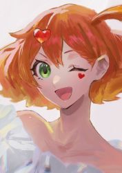 Rule 34 | 1girl, bare shoulders, close-up, dress, facial tattoo, freyja wion, green eyes, hair ornament, heart, heart hair ornament, heart tattoo, highres, macross, macross delta, one eye closed, open mouth, orange hair, pote-mm, solo, tattoo, white dress
