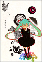 Rule 34 | 1girl, alternate costume, animal, aqua hair, beige background, black thighhighs, blush, bug, butterfly, buttons, circle, closed eyes, collared shirt, colored eyelashes, domotolain, flower, full body, hatsune miku, highres, holding, holding flower, horse, insect, legs apart, long hair, long sleeves, pocket, rainbow gradient, red flower, shirt, solo, standing, striped, thighhighs, twintails, umbrella, vocaloid, white shirt, zebra