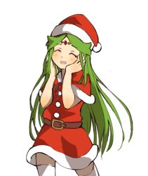 Rule 34 | 1girl, :d, ^ ^, alternate costume, belt, belt buckle, brown belt, buckle, christmas, circlet, closed eyes, cowboy shot, dress, fur-trimmed dress, fur trim, green hair, hands on own cheeks, hands on own face, hands up, hat, highres, kid icarus, legs apart, long hair, nintendo, nishikuromori, open mouth, palutena, parted bangs, pom pom (clothes), red dress, red hat, ribbon, santa costume, santa dress, santa hat, simple background, smile, solo, thighhighs, very long hair, white background, white thighhighs
