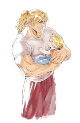 Rule 34 | 1boy, 1other, baby carry, bara, black hair, blonde hair, carrying, casual, child, cropped legs, father and son, highres, holding baby, ips cells, ken masters, male focus, muscular, muscular male, pectorals, shirt, shirt tug, short hair, smile, solo, street fighter, t-shirt, yuiofire